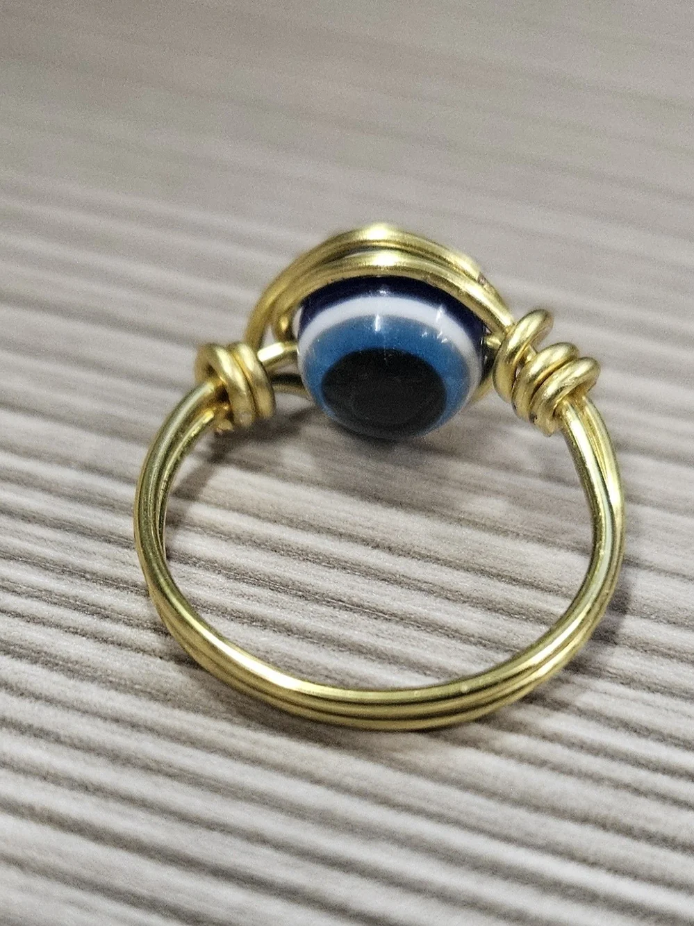 Handcrafted Gold Wire Ring with Dark Blue Evil Eye Stone Size 7